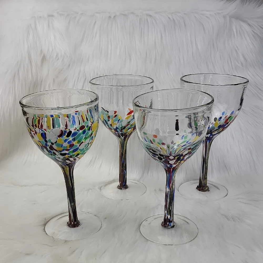 CONFETTI FESTIVAL Design Hand-Blown‎ Wine Party Celebration Glasses Set of 4